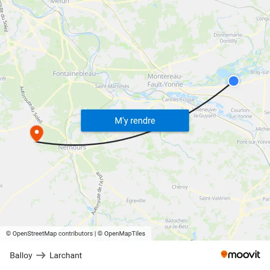 Balloy to Larchant map