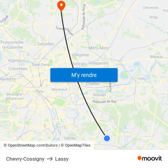 Chevry-Cossigny to Lassy map