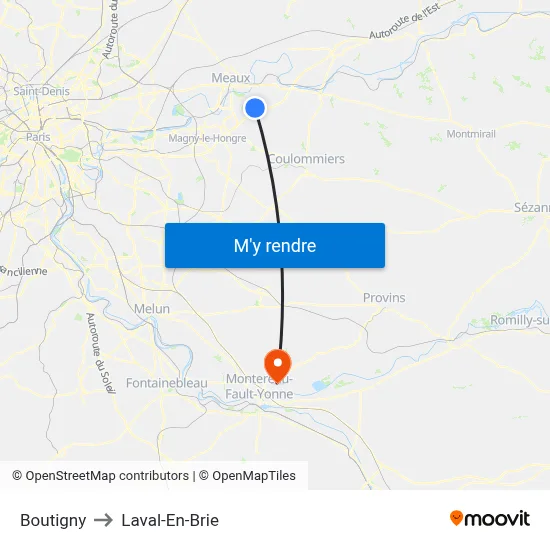 Boutigny to Laval-En-Brie map