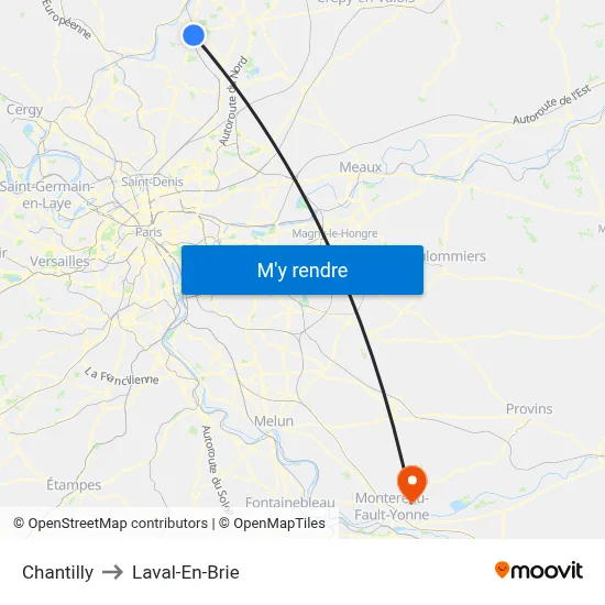 Chantilly to Laval-En-Brie map