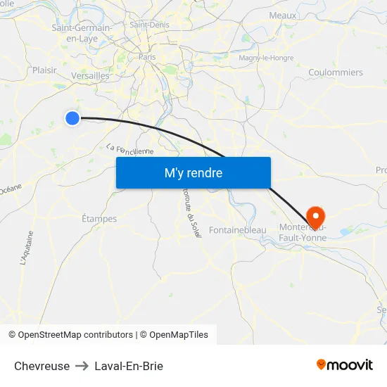 Chevreuse to Laval-En-Brie map