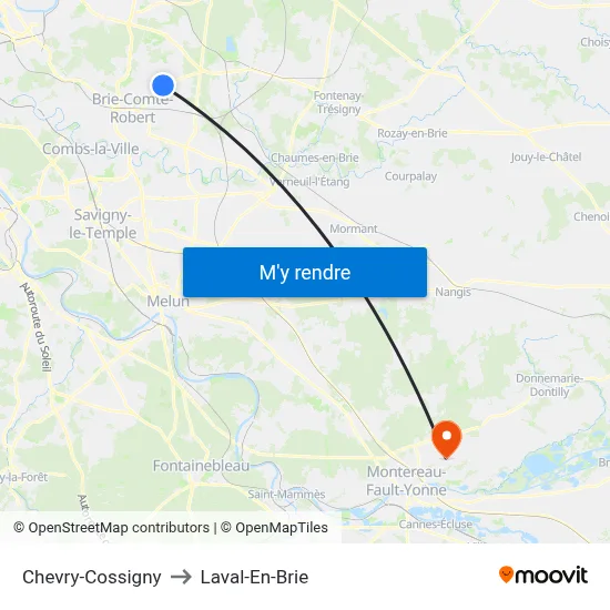 Chevry-Cossigny to Laval-En-Brie map