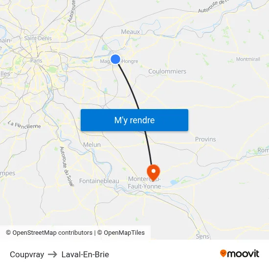 Coupvray to Laval-En-Brie map