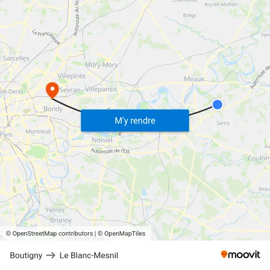 Boutigny to Le Blanc-Mesnil map