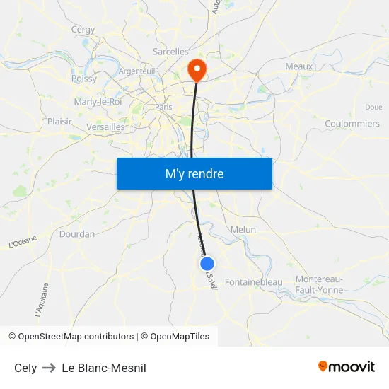 Cely to Le Blanc-Mesnil map