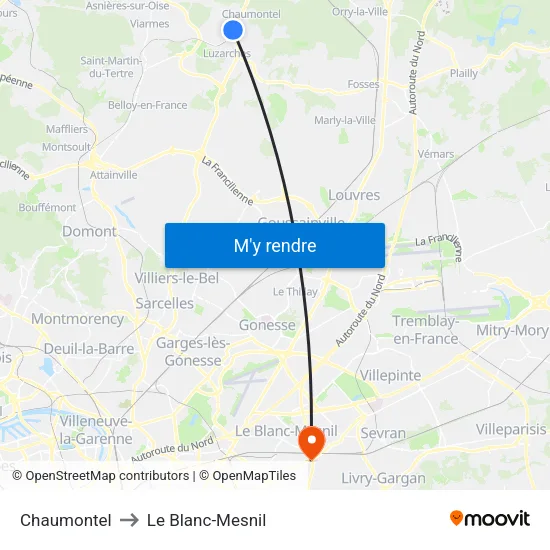 Chaumontel to Le Blanc-Mesnil map