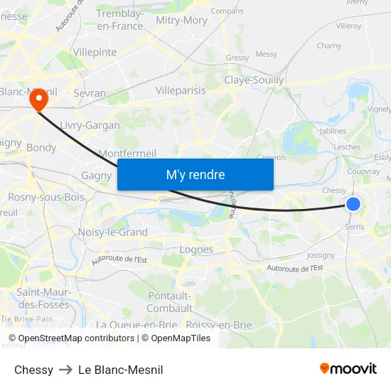 Chessy to Le Blanc-Mesnil map