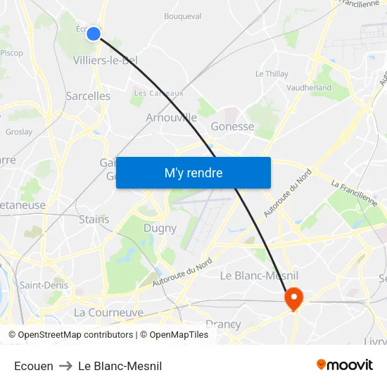 Ecouen to Le Blanc-Mesnil map