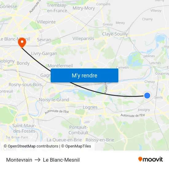 Montevrain to Le Blanc-Mesnil map