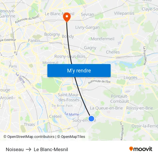 Noiseau to Le Blanc-Mesnil map