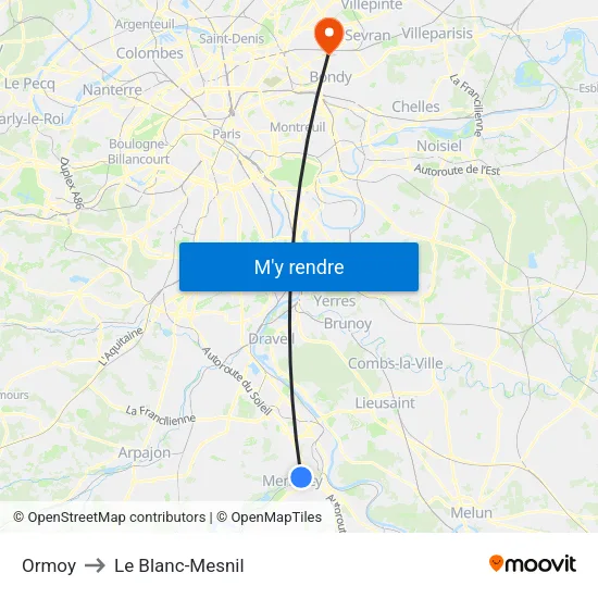 Ormoy to Le Blanc-Mesnil map