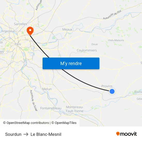 Sourdun to Le Blanc-Mesnil map