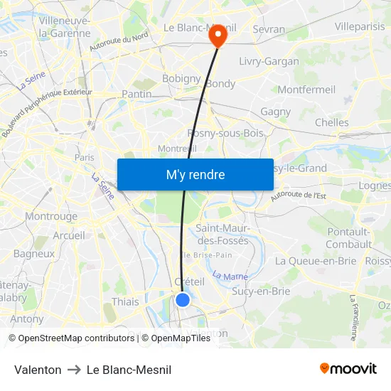 Valenton to Le Blanc-Mesnil map