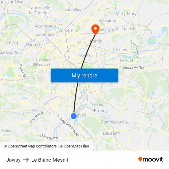 Juvisy to Le Blanc-Mesnil map