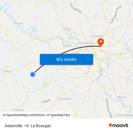 Adainville to Le Bourget map