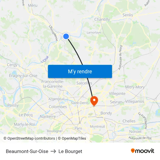 Beaumont-Sur-Oise to Le Bourget map