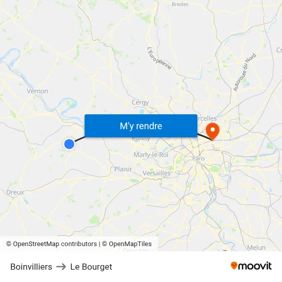 Boinvilliers to Le Bourget map