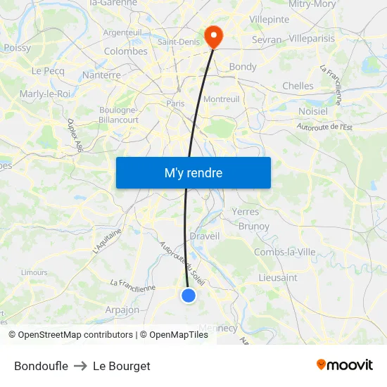 Bondoufle to Le Bourget map