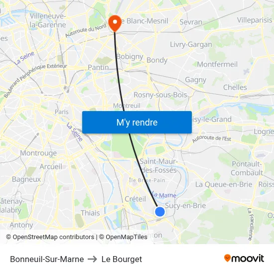 Bonneuil-Sur-Marne to Le Bourget map