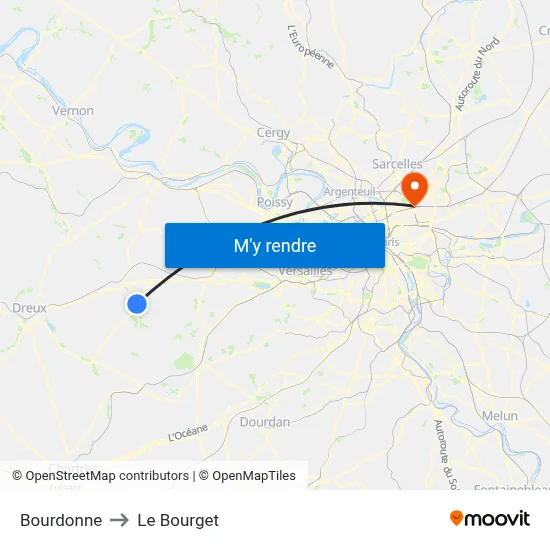 Bourdonne to Le Bourget map