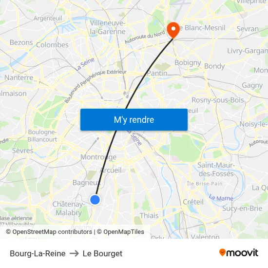 Bourg-La-Reine to Le Bourget map