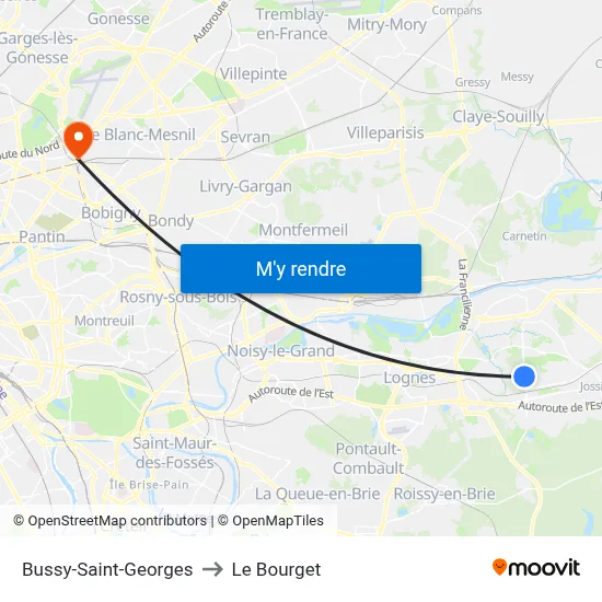 Bussy-Saint-Georges to Le Bourget map