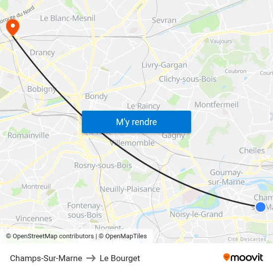 Champs-Sur-Marne to Le Bourget map