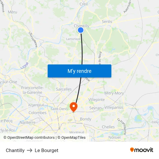Chantilly to Le Bourget map