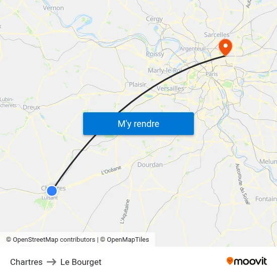 Chartres to Le Bourget map