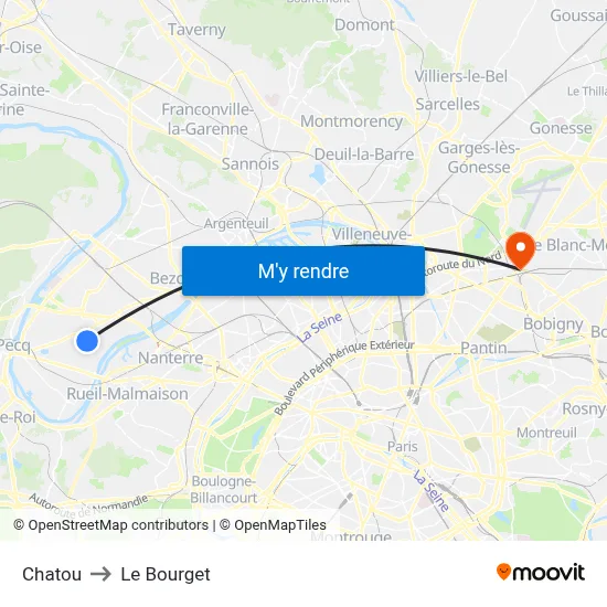 Chatou to Le Bourget map