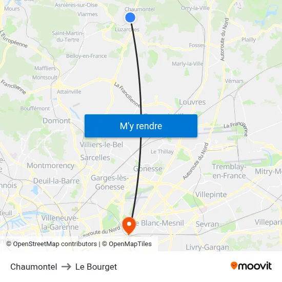 Chaumontel to Le Bourget map