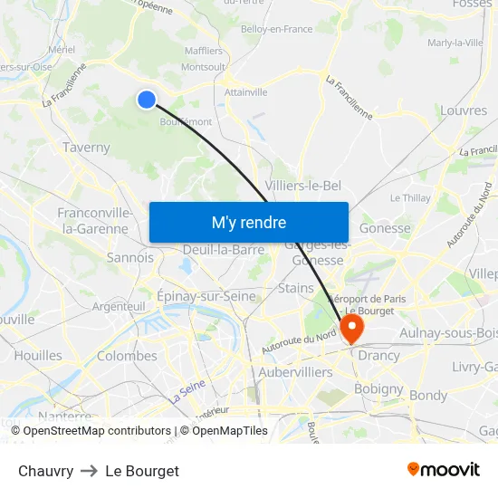 Chauvry to Le Bourget map