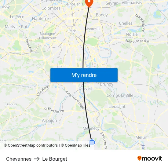 Chevannes to Le Bourget map