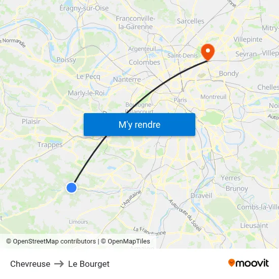 Chevreuse to Le Bourget map