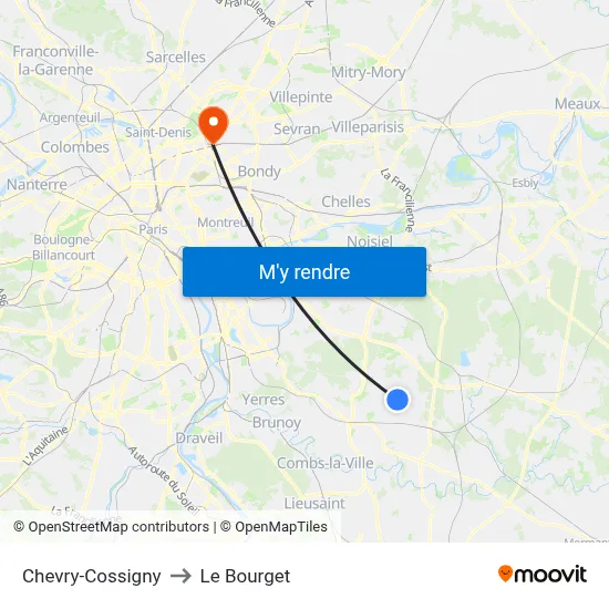Chevry-Cossigny to Le Bourget map