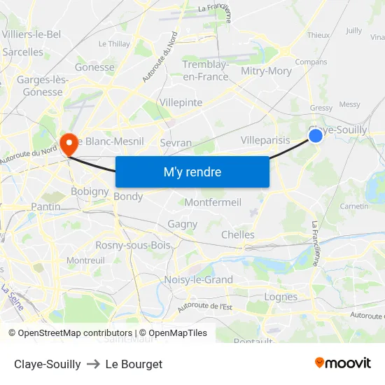 Claye-Souilly to Le Bourget map