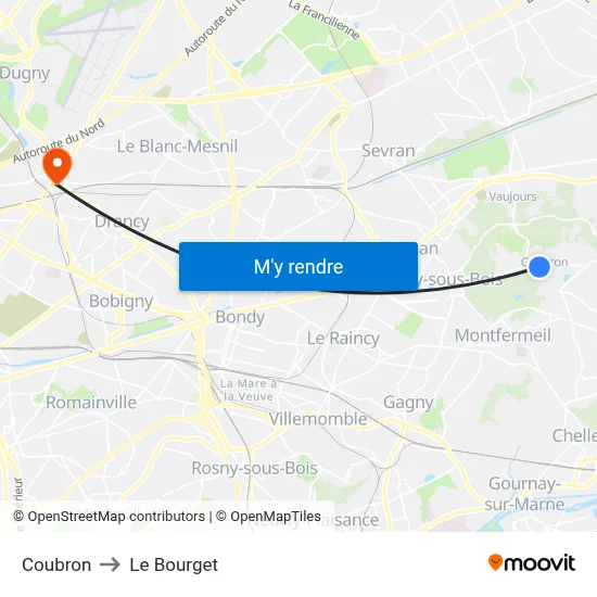 Coubron to Le Bourget map