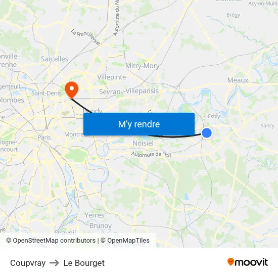 Coupvray to Le Bourget map