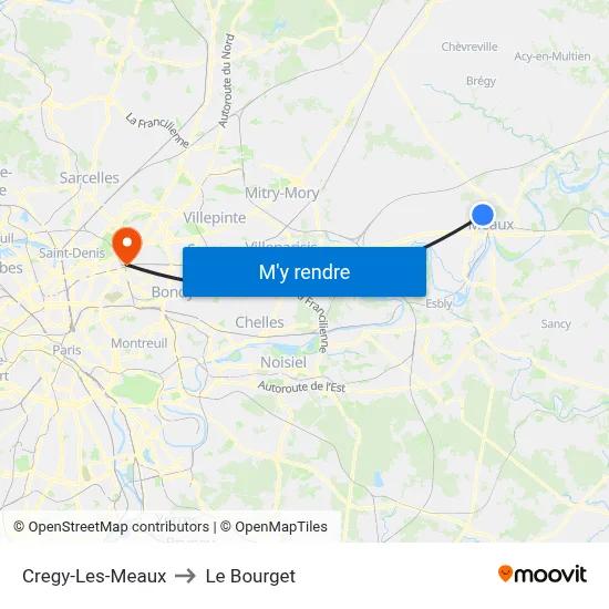 Cregy-Les-Meaux to Le Bourget map