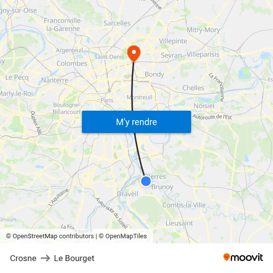 Crosne to Le Bourget map