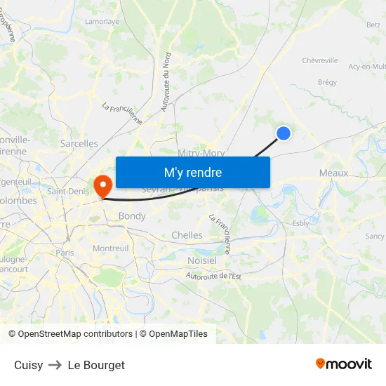 Cuisy to Le Bourget map