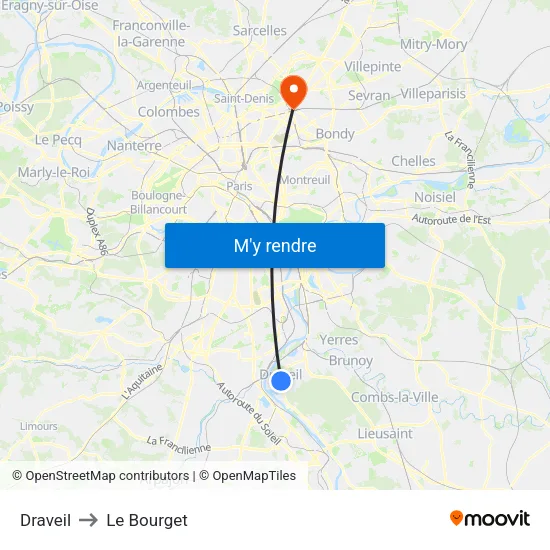 Draveil to Le Bourget map