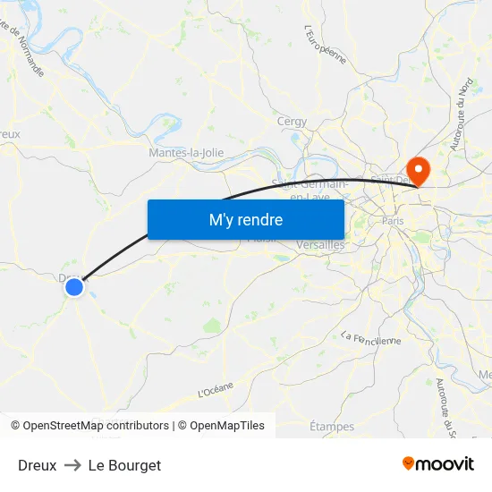 Dreux to Le Bourget map