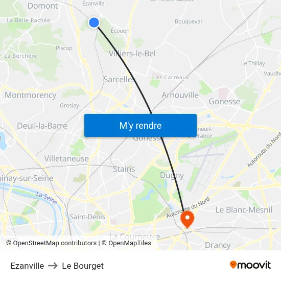 Ezanville to Le Bourget map