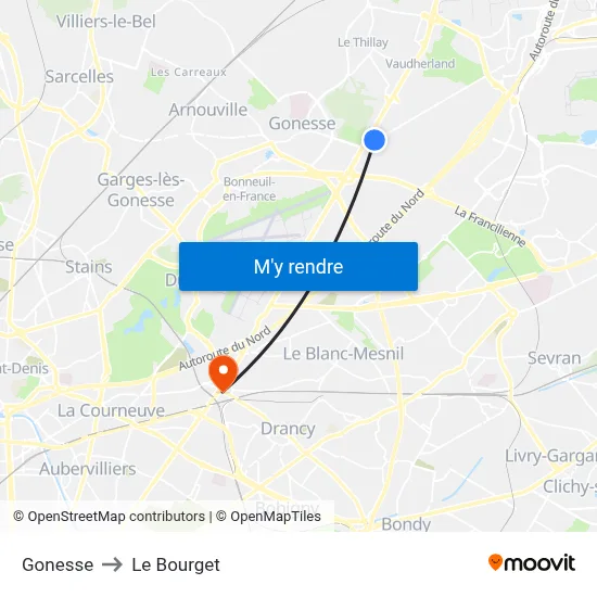Gonesse to Le Bourget map
