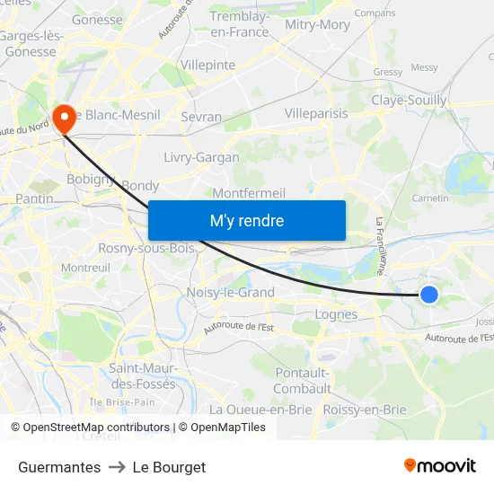 Guermantes to Le Bourget map