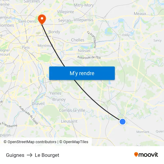 Guignes to Le Bourget map