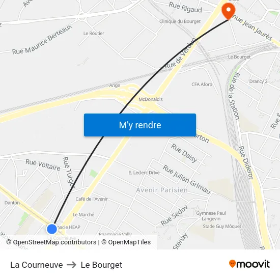 La Courneuve to Le Bourget map