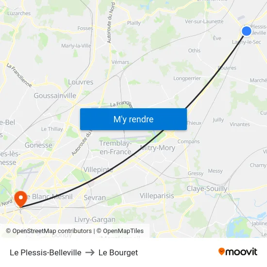 Le Plessis-Belleville to Le Bourget map