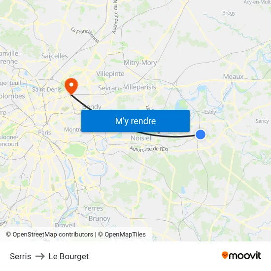 Serris to Le Bourget map